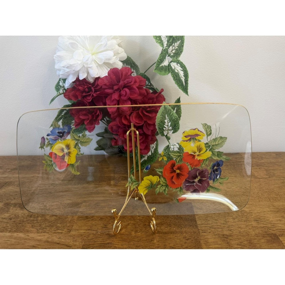 Vintage Chance Glass Pansy Serving Tray Floral Mid Century Glass Platter England